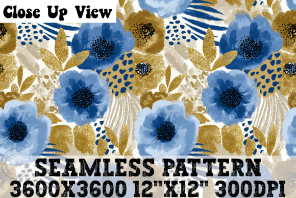 Blue Gold Floral Seamless Pattern