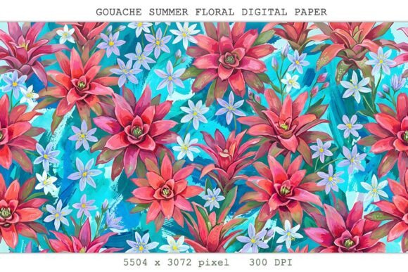 Gouache Summer Floral Digital Paper PNG